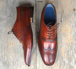 Handmade Men's Burgundy Wing Tip Brogue Leather Lace Up Shoes, Men Designer Dress Formal Shoes - theleathersouq