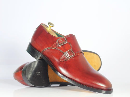 Handmade Men's Burgundy Double Monk Strap Leather Shoes, Men Designer Dress Formal Shoes - theleathersouq