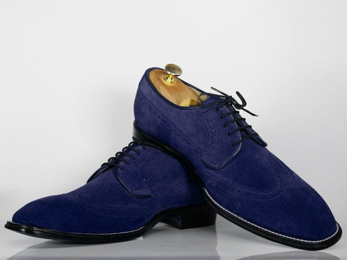 Handmade Men's Navy Blue Wing Tip Suede Lace Up Shoes, Men Designer Dr ...