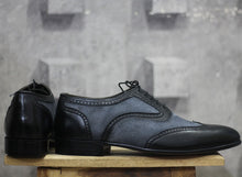 Load image into Gallery viewer, Handmade Men&#39;s Black Gray Leather Suede Wing Tip Lace Up Shoes, Men Dress Formal Shoes
