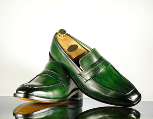 Handmade Men's Green Leather Penny Loafer Shoes, Men Designer Dress Formal Luxury Shoes - theleathersouq