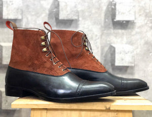 Handmade Men's Black Brown Cap Toe Leather Suede Boots, Men Ankle Boots, Men Designer Boots - theleathersouq