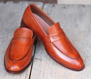 Handmade Men's Tan Leather Penny Loafer Shoes, Men Designer Dress Formal Luxury Shoes - theleathersouq