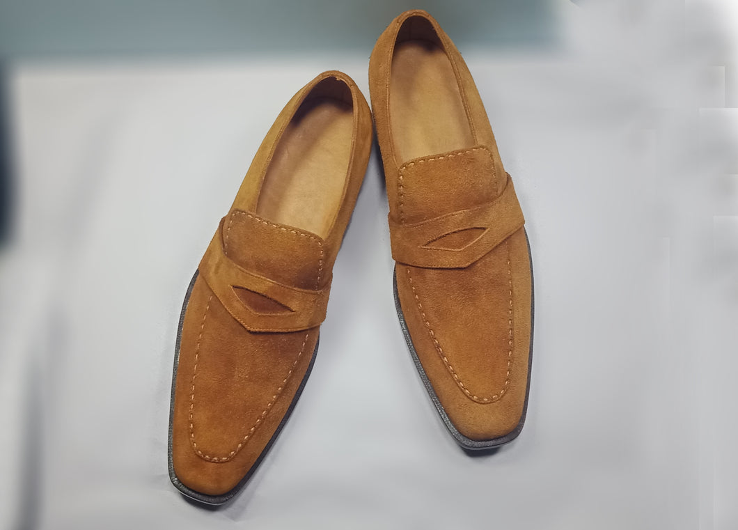 Handmade Men's Beige Suede Penny Loafer Shoes, Men Designer Dress Formal Luxury Shoes - theleathersouq
