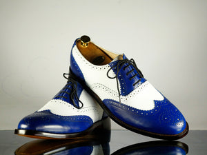Handmade Men's White Blue Wing Tip Brogue Leather Lace Up Shoes, Men Designer Dress Formal Luxury Shoes - theleathersouq