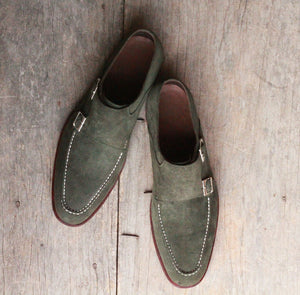 Handmade Men's Gray Suede Double Monk Strap Shoes, Men Designer Dress Formal Luxury Shoes - theleathersouq