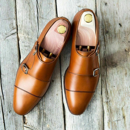 Handmade Men's Tan Brown Leather Cap Toe Double Monk Strap Shoes, Men Designer Dress Formal Luxury Shoes - theleathersouq