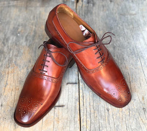 Handmade Men's Brown Brogue Toe Leather Lace Up Shoes, Men Designer Dress Formal Luxury Fashion Shoes - theleathersouq