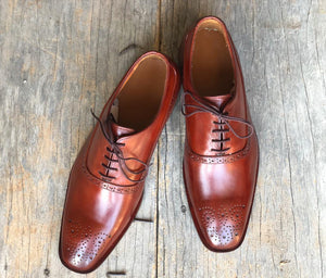 Handmade Men's Brown Brogue Toe Leather Lace Up Shoes, Men Designer Dress Formal Luxury Fashion Shoes - theleathersouq