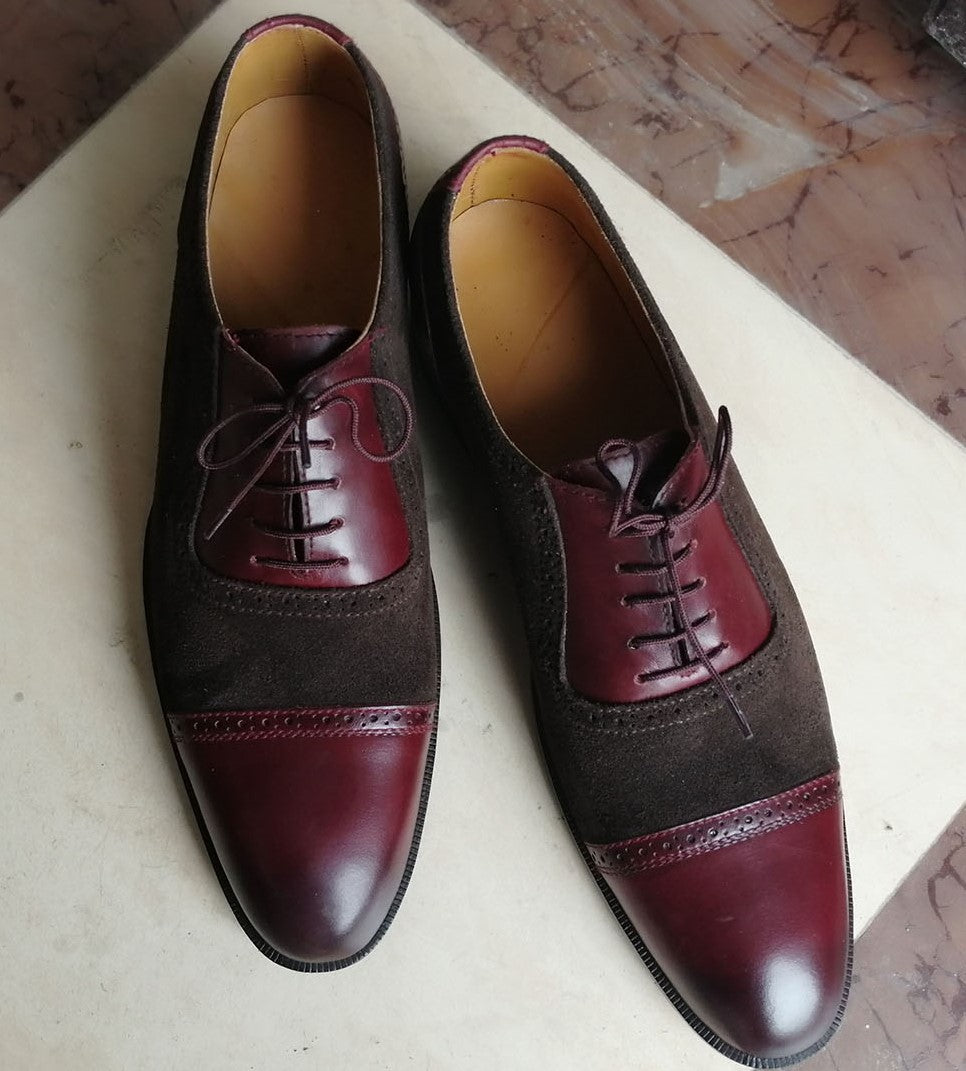 Handmade Men's Brown Burgundy Cap Toe Leather Suede Lace Up Shoes, Men Designer Dress Formal Luxury Shoes - theleathersouq