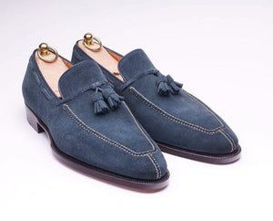 Handmade Men's Blue Split Toe Tassels Suede Loafer Fashion Shoes, Men Designer Dress Formal Luxury Shoes - theleathersouq