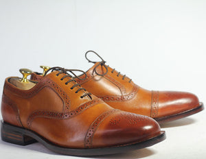 Handmade Men's Tan Cap Toe Brogue Leather Lace Up Shoes, Men Designer Dress Formal Luxury Shoes - theleathersouq