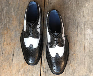 Handmade Men's White Black Wing Tip Brogue Leather Lace Up Shoes, Men Designer Dress Formal Luxury Shoes - theleathersouq