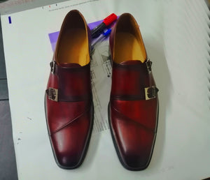 Handmade Men's Burgundy Double Monk Strap Leather Shoes, Men Designer Dress Formal Luxury Shoes - theleathersouq