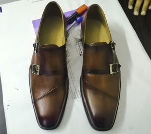 Handmade Men's Brown Double Monk Strap Leather Shoes, Men Designer Dress Formal Luxury Shoes - theleathersouq