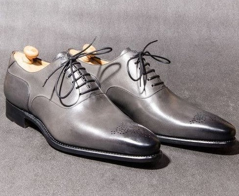 Handmade Men's Gray Brogue Toe Leather Lace Up Shoes, Men Designer Dress Formal Luxury Shoes - theleathersouq