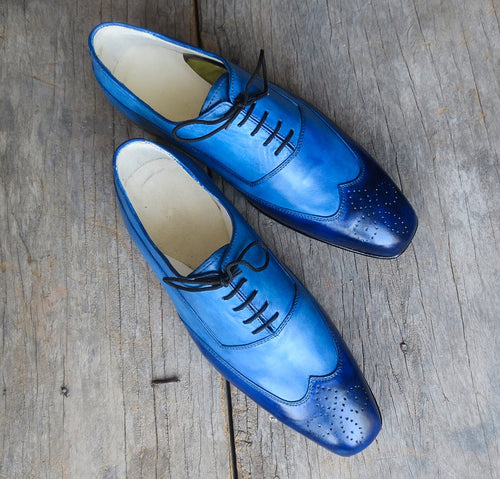 Handmade Men's Two Tone Blue Wing Tip Brogue Leather Lace Up Shoes, Men Designer Dress Formal Luxury Shoes - theleathersouq