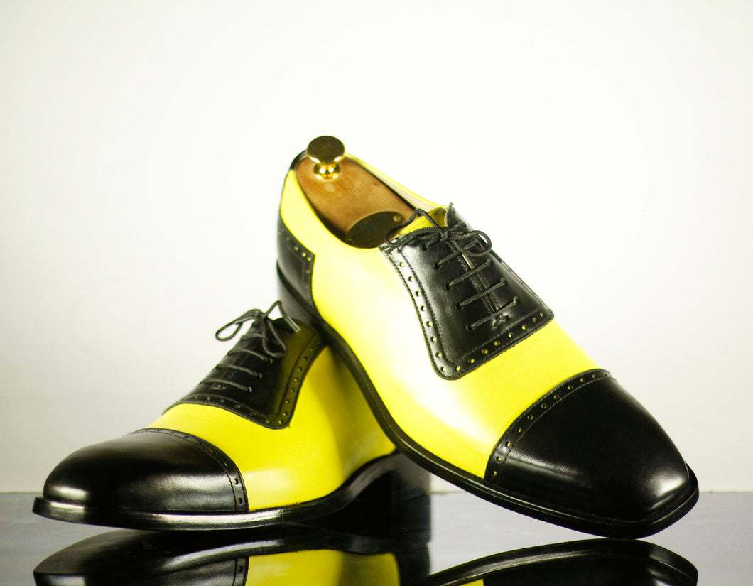 Handmade Men's Two Tone Black & Yellow Cap Toe Leather Lace Up Shoes, Men Designer Dress Formal Luxury Shoes - theleathersouq