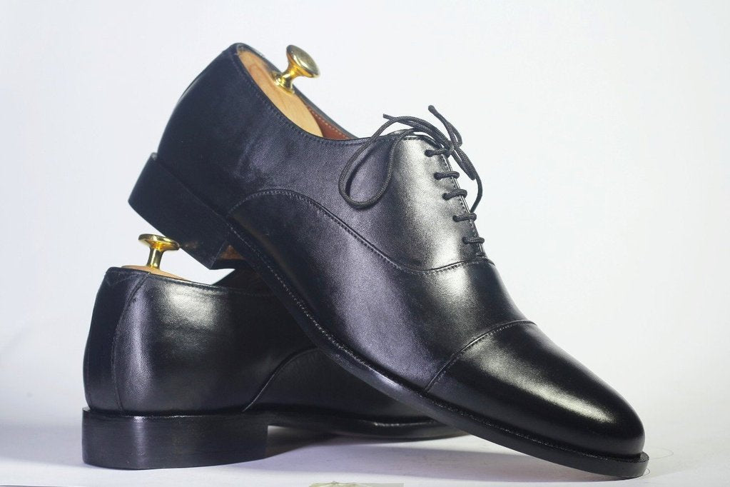 Handmade Men's Black  Cap Toe Leather Lace Up Shoes, Men Designer Dress Formal Luxury Shoes - theleathersouq