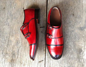 Handmade Men's Two Tone Red Leather Double Monk Strap Shoes, Men Designer Dress Formal Luxury Shoes - theleathersouq