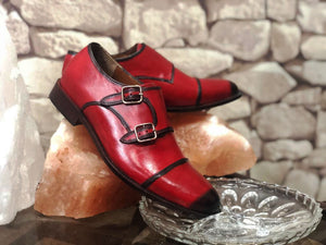 Handmade Men's Two Tone Red Leather Double Monk Strap Shoes, Men Designer Dress Formal Luxury Shoes - theleathersouq