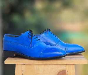 Handmade Men's Blue Cap Toe Brogue Leather Lace Up Shoes, Men Designer Dress Formal Luxury Shoes - theleathersouq