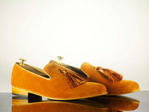 Awesome Handmade Men's Tan Velvet Tassel Loafer Shoes, Men Designer Dress Formal Luxury Shoes - theleathersouq