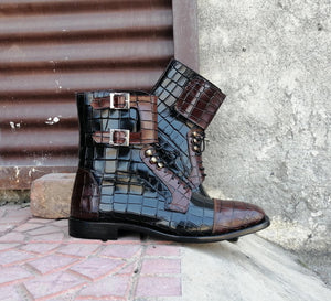 Elegant Men's Handmade Black Brown Alligator Textured Leather Boots, Men Fashion Ankle Boots