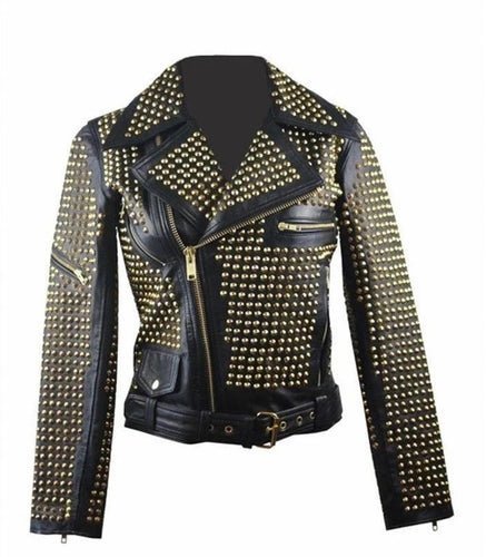 Awesome Woman Black Full Golden Studded Stylish Leather Jacket, Ladies Cowhide Leather Jacket
