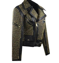 Load image into Gallery viewer, Awesome Woman Black Full Golden Studded Stylish Leather Jacket, Ladies Cowhide Leather Jacket