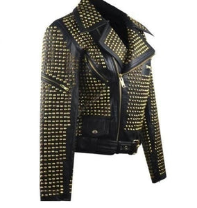 Awesome Woman Black Full Golden Studded Stylish Leather Jacket, Ladies Cowhide Leather Jacket