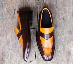 Handmade Men's Two Tone Yellow Brown Leather Loafer Shoes, Men Designer Dress Formal Luxury Party Shoes - theleathersouq