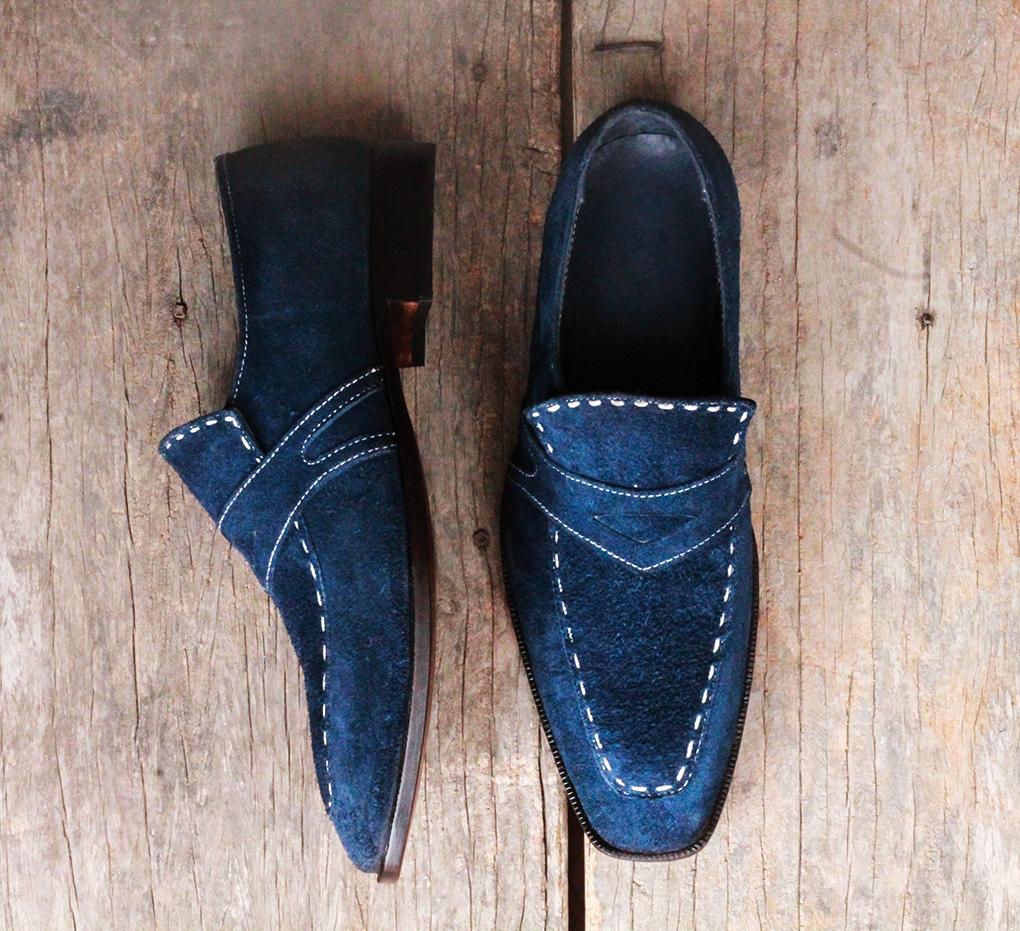 Handmade Men's Navy Blue Suede Penny Loafers, Men Designer Dress Formal  Luxury Party Shoes