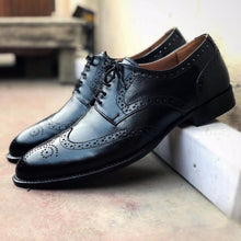Load image into Gallery viewer, Handmade Men&#39;s Black Leather Wing Tip Brogue Lace Up Shoes, Men Designer Dress Formal Luxury Shoes - theleathersouq
