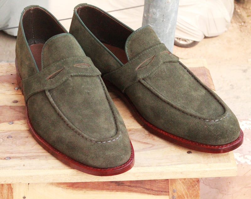 Handmade Men's Green Suede Penny Loafers, Men Designer Dress Formal Luxury Shoes - theleathersouq