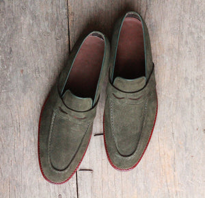 Handmade Men's Green Suede Penny Loafers, Men Designer Dress Formal Luxury Shoes - theleathersouq