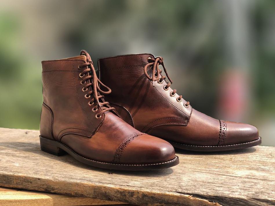 Handmade Men's Rusty Antique Brown Leather Cap Toe Lace Up Boots, Men Ankle Boots, Men Designer Fashion Boots - theleathersouq