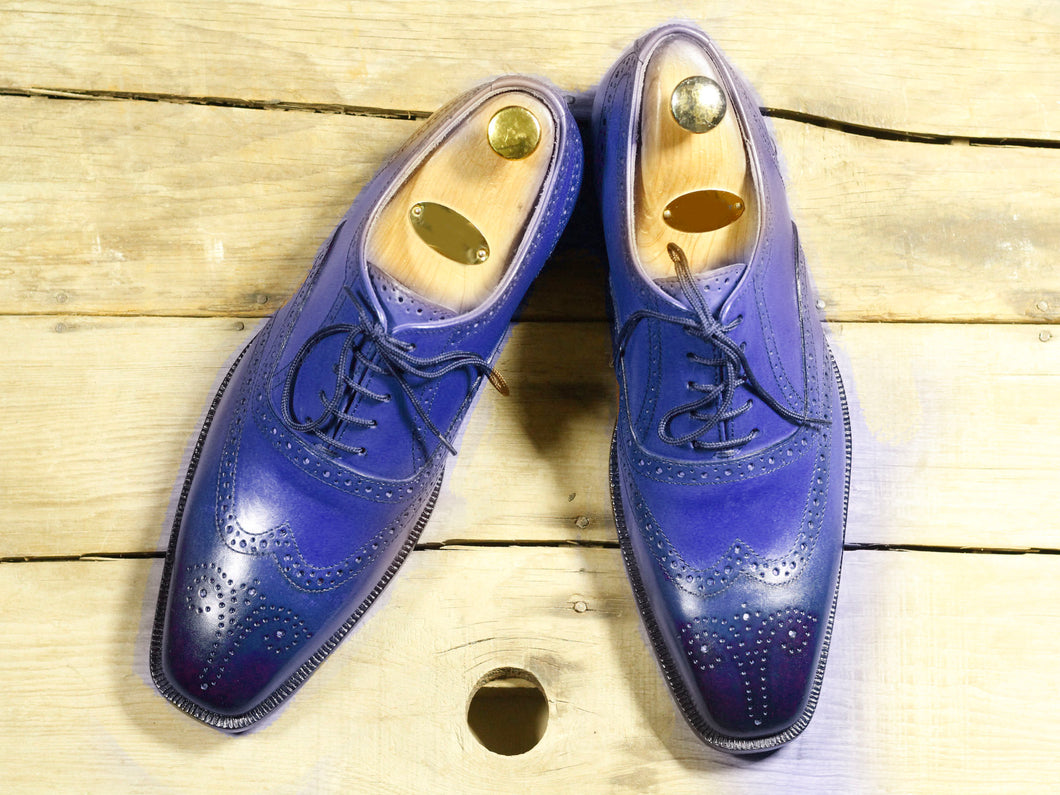 Handmade Men's Blue Leather Wing Tip Brogue Lace Up Shoes, Men Designer Dress Formal Luxury Shoes - theleathersouq