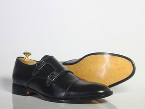 Handmade Men's Black Cap Toe Leather Double Monk Strap Shoes, Men Designer Dress Formal Luxury Shoes - theleathersouq