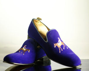Awesome Handmade Men's Blue Velvet Embroidered Loafer Shoes, Men Designer Dress Formal Luxury Shoes - theleathersouq