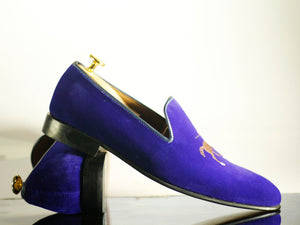 Awesome Handmade Men's Blue Velvet Embroidered Loafer Shoes, Men Designer Dress Formal Luxury Shoes - theleathersouq