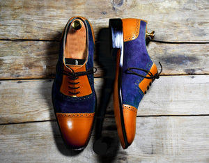 Handmade Men's Tan Blue Cap Toe Leather Suede Lace Up Shoes, Men Designer Dress Formal Luxury Shoes - theleathersouq