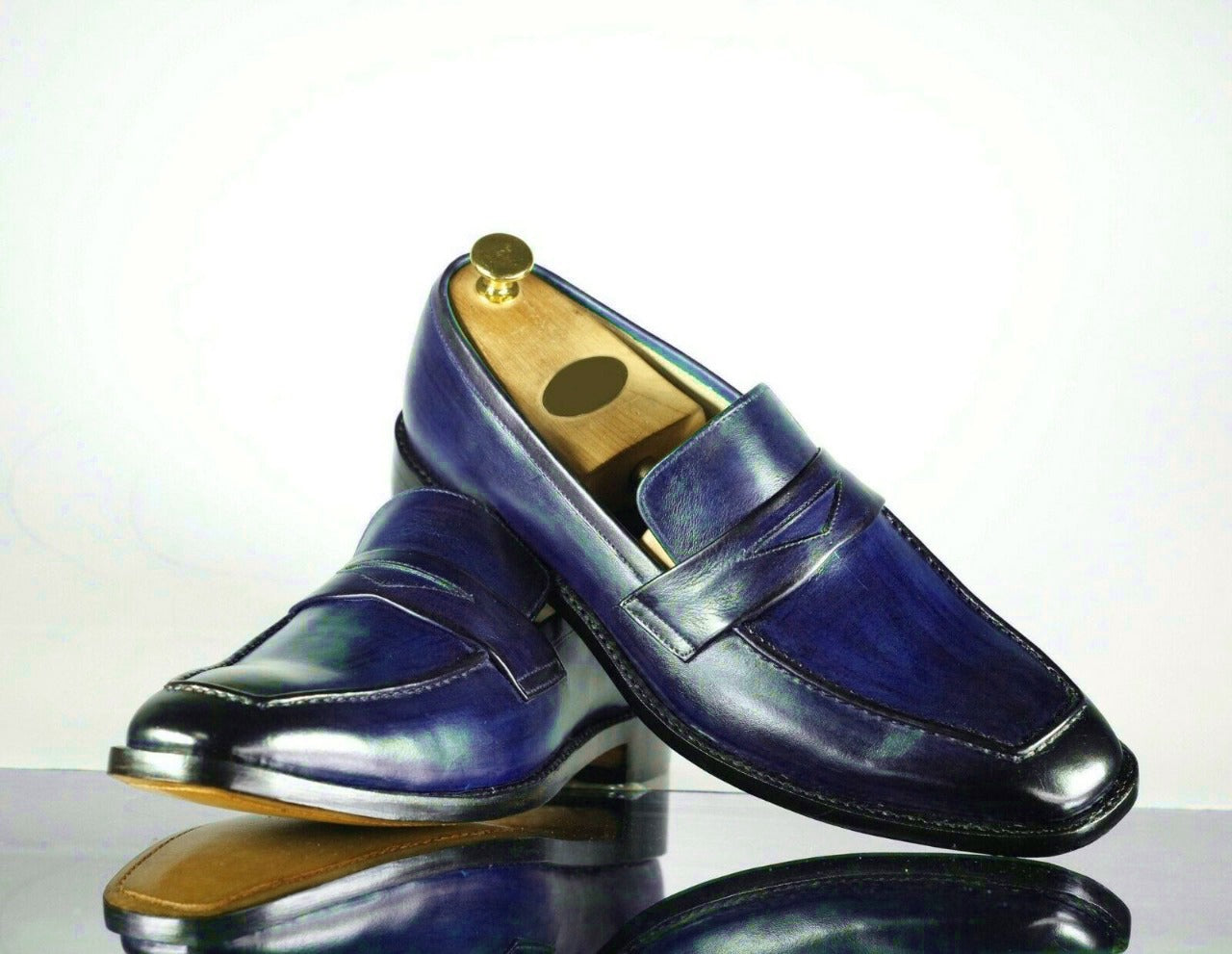 Men's Handmade Blue Leather Penny Loafer Shoes, Men Designer Dress For ...
