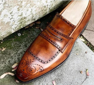Handmade Men's Brown Leather Brogue Toe Penny Loafer Shoes, Men Designer Dress Formal Luxury Shoes - theleathersouq