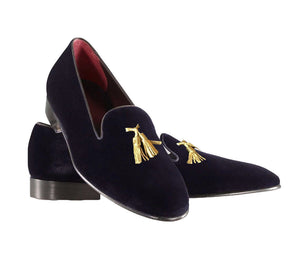 Handmade Men's Navy Blue Tassel Loafer Shoes, Men Designer Dress Formal Luxury Shoes - theleathersouq