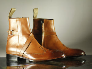 Handmade Men's Brown Jodhpur Leather Buckle Strap Zipper  Wing Tip Brogue Boots, Men Ankle Boots, Men Designer Boots - theleathersouq