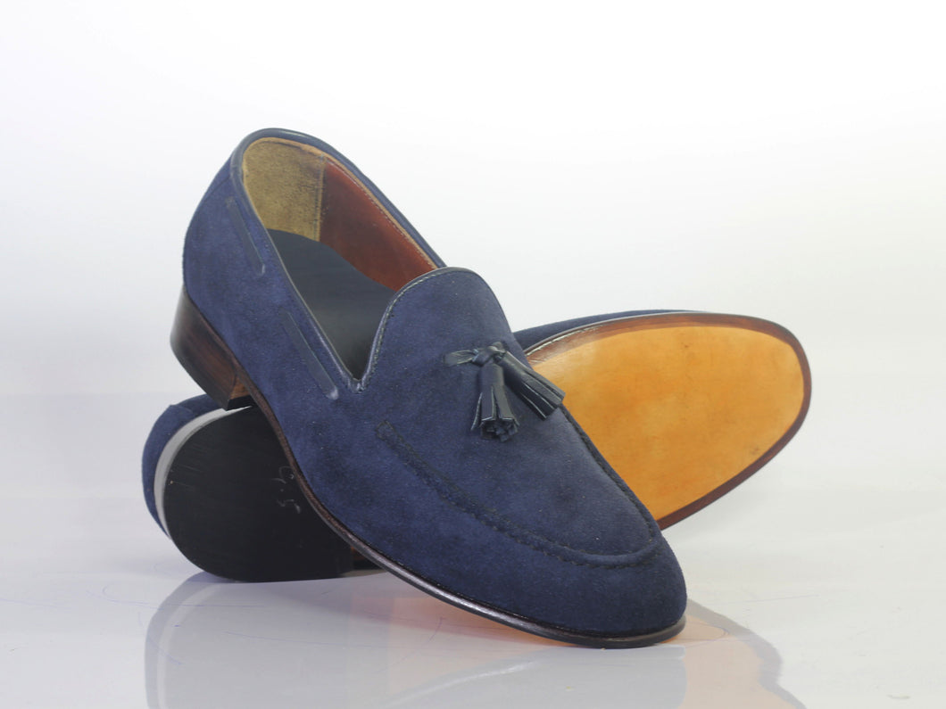 Handmade Men's Blue Color Suede Tassel Loafers, Men Designer Dress Formal Luxury Shoes - theleathersouq