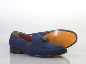 Handmade Men's Blue Color Suede Tassel Loafers, Men Designer Dress Formal Luxury Shoes - theleathersouq