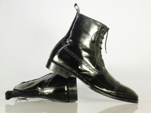 Handmade Men's Black Cap Toe Leather Lace Up Boots, Men Ankle Boots, Men Designer Boots - theleathersouq