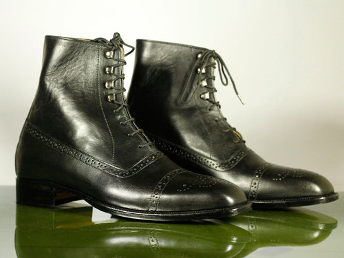 Handmade Men's Black Leather Cap Toe Brogue Lace Up Boots, Men Ankle Boots, Men Designer Boots - theleathersouq